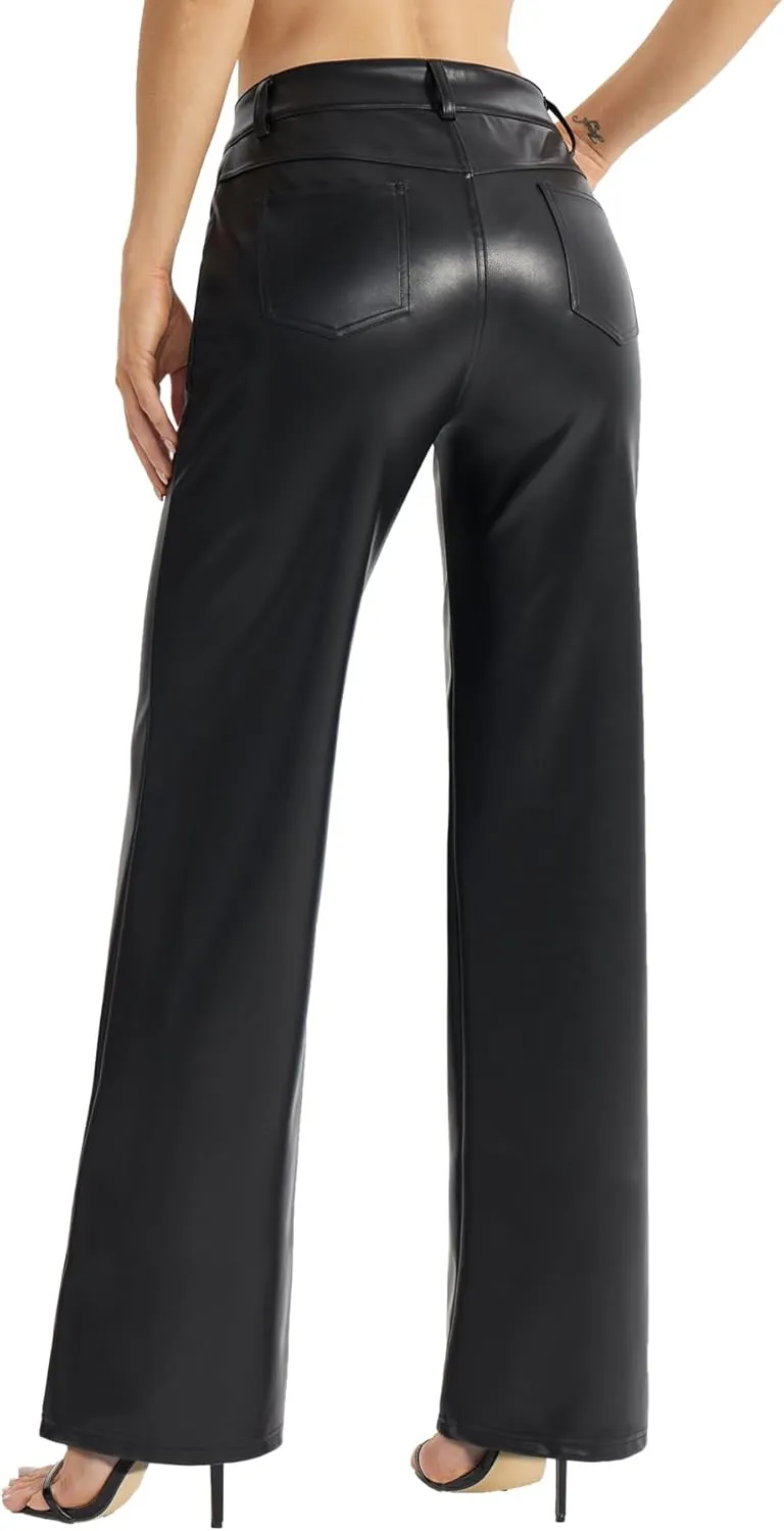 Women's Faux Leather Pants Button PU Jeans Straight Wide Leg Trousers with Pockets