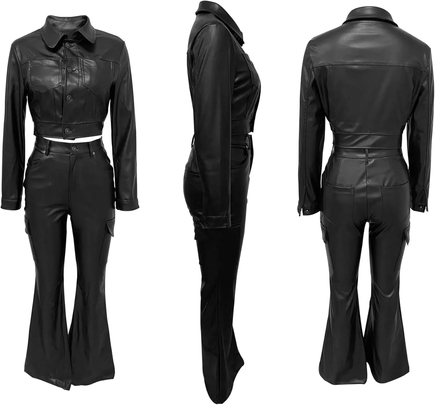 Womens Faux Leather Sets Motorcycle PU Faux Leather Jacket and Matching Flare Pants Fall Outfits Fashion Clothes 2024