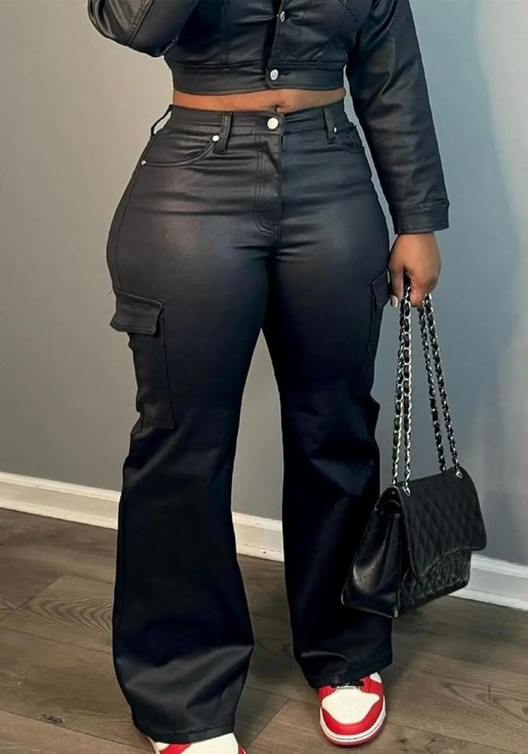 Womens Faux Leather Sets Motorcycle PU Faux Leather Jacket and Matching Flare Pants Fall Outfits Fashion Clothes 2024