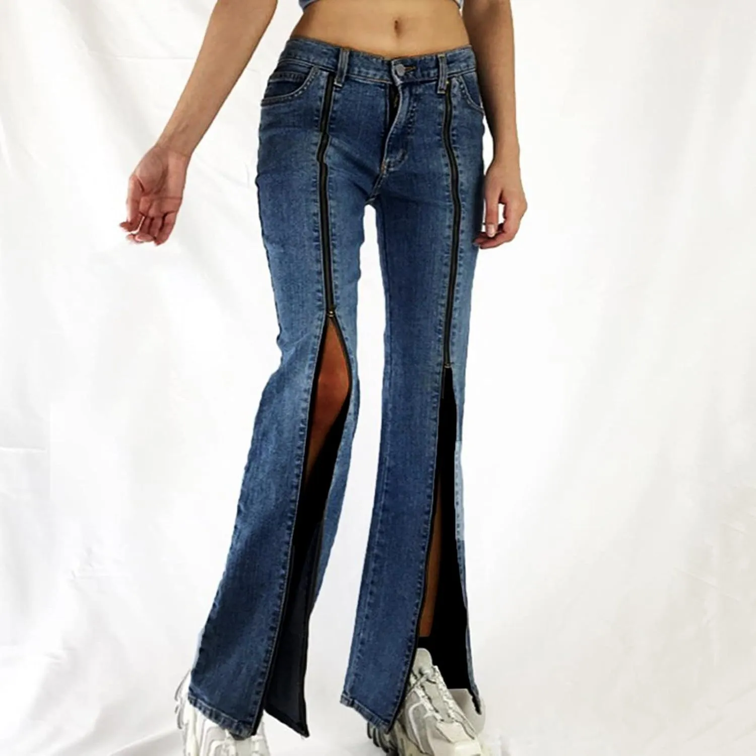Womens Jeans Low Waist Retro Straight Leg Jeans Flap Pocket Boot Cut Denim Pants Sexy Ribcage Bell Bottom Jeans