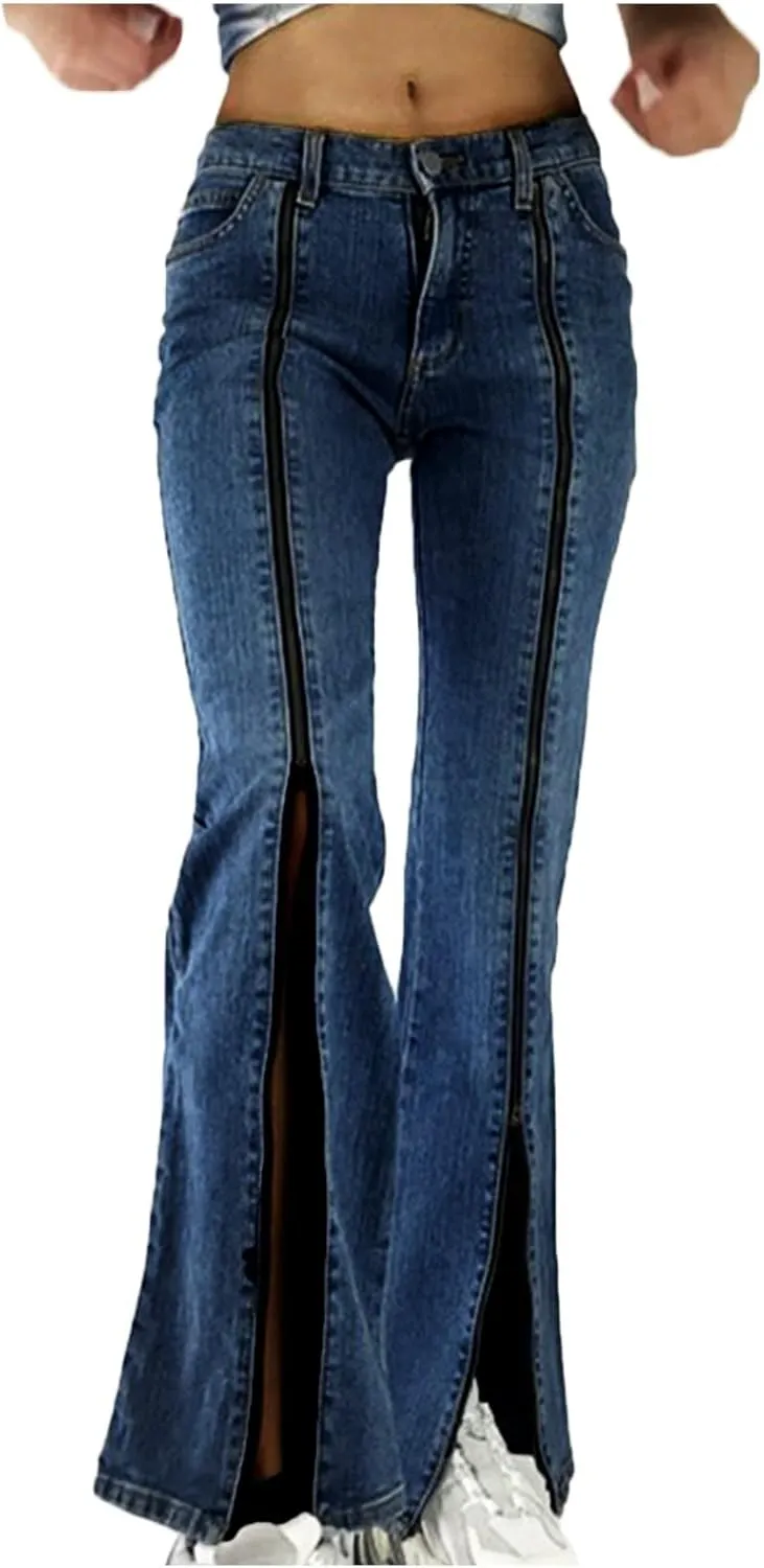 Womens Jeans Low Waist Retro Straight Leg Jeans Flap Pocket Boot Cut Denim Pants Sexy Ribcage Bell Bottom Jeans