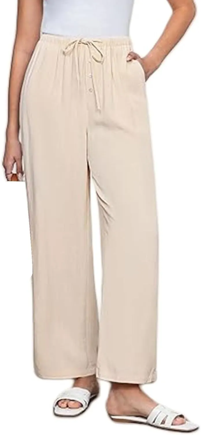 Womens Linen Pants Summer Lounge High Waisted Wide Leg Pants Casual Baggy Drawstring Straight Trousers with Pockets