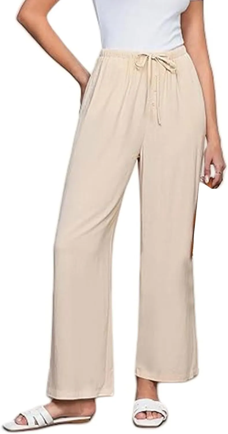 Womens Linen Pants Summer Lounge High Waisted Wide Leg Pants Casual Baggy Drawstring Straight Trousers with Pockets