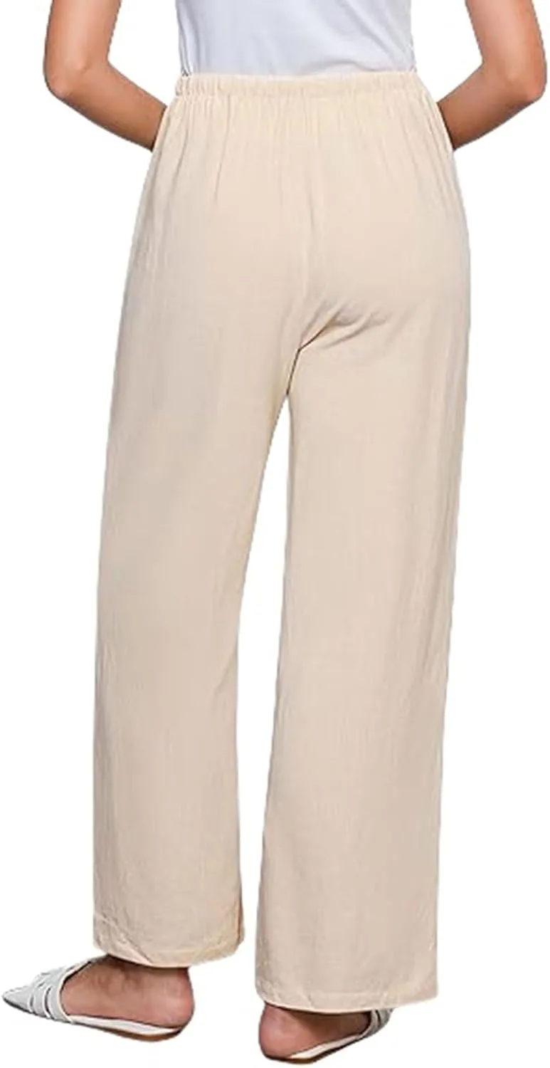 Womens Linen Pants Summer Lounge High Waisted Wide Leg Pants Casual Baggy Drawstring Straight Trousers with Pockets