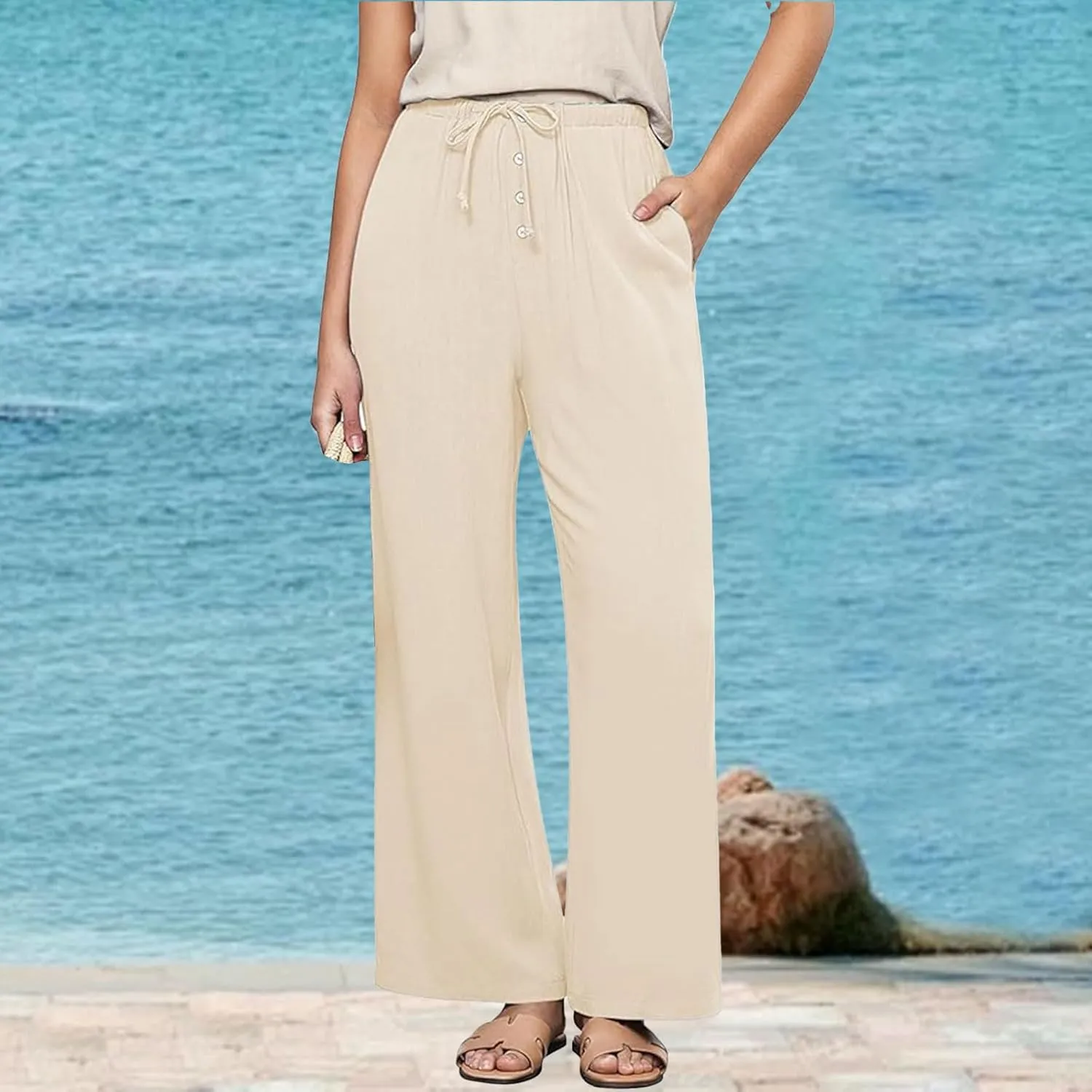 Womens Linen Pants Summer Lounge High Waisted Wide Leg Pants Casual Baggy Drawstring Straight Trousers with Pockets