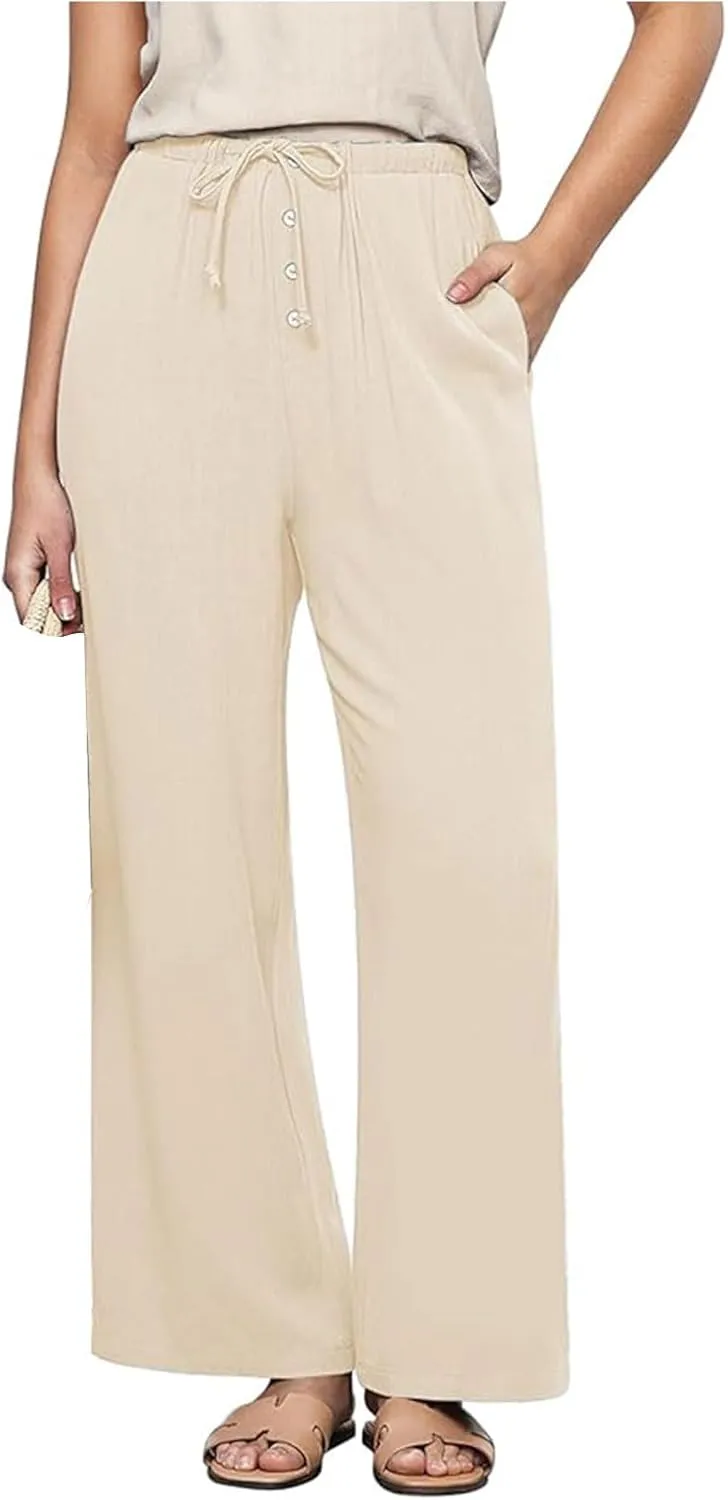 Womens Linen Pants Summer Lounge High Waisted Wide Leg Pants Casual Baggy Drawstring Straight Trousers with Pockets