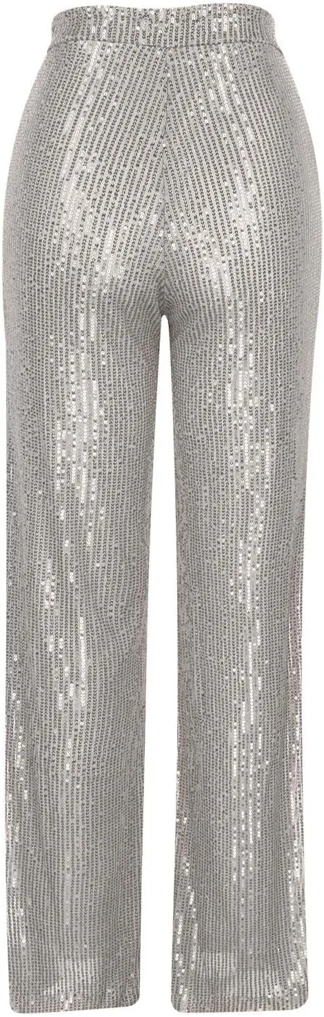 Womens Sequin Palazzo Pants Casual Loose Fit Wide Leg Straight Pants Sparkly Elastic High Waisted Trouser Pants