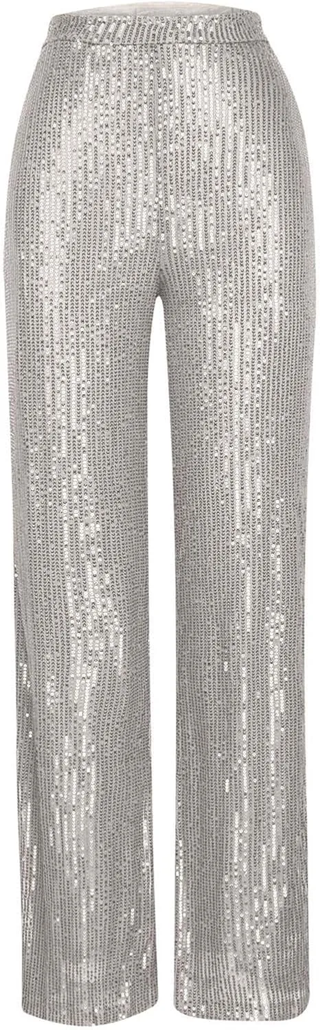 Womens Sequin Palazzo Pants Casual Loose Fit Wide Leg Straight Pants Sparkly Elastic High Waisted Trouser Pants