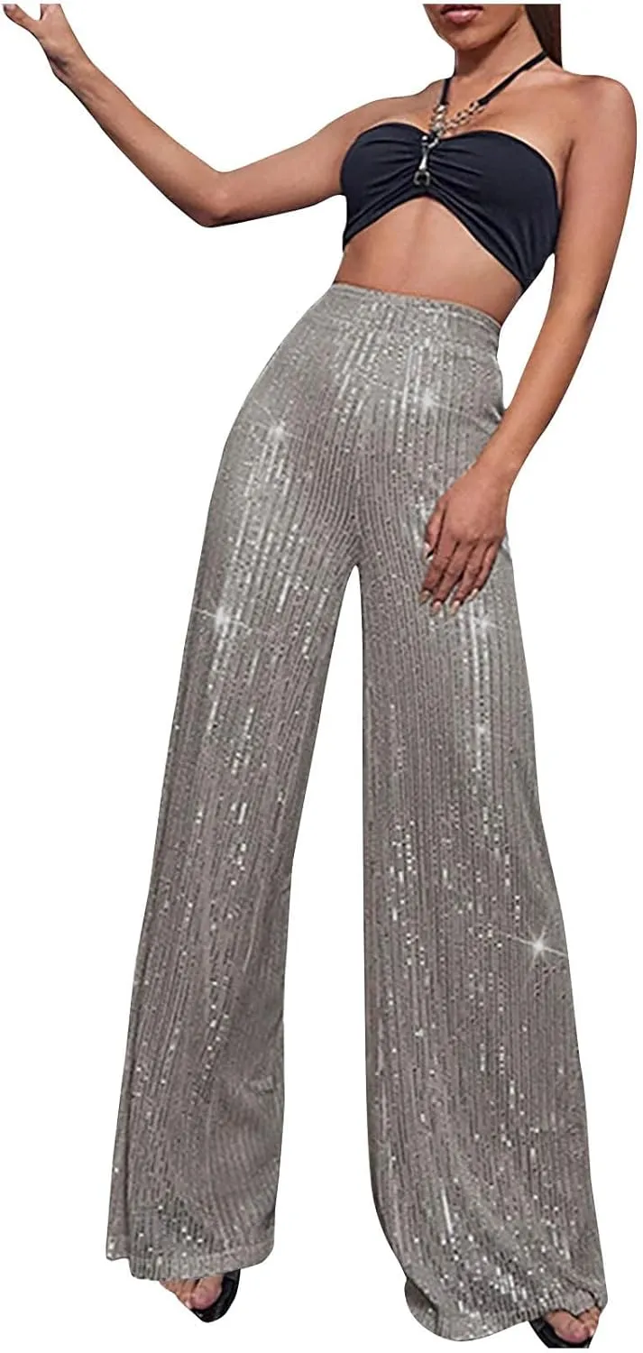 Womens Sequin Palazzo Pants Casual Loose Fit Wide Leg Straight Pants Sparkly Elastic High Waisted Trouser Pants