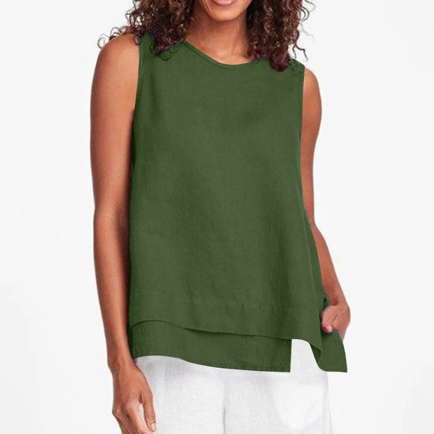 Women's Tank Tops Cotton Linen Sleeveless Round Neck Solid Color Vest Shirts Vacation Summer Flowy Camisole 2025