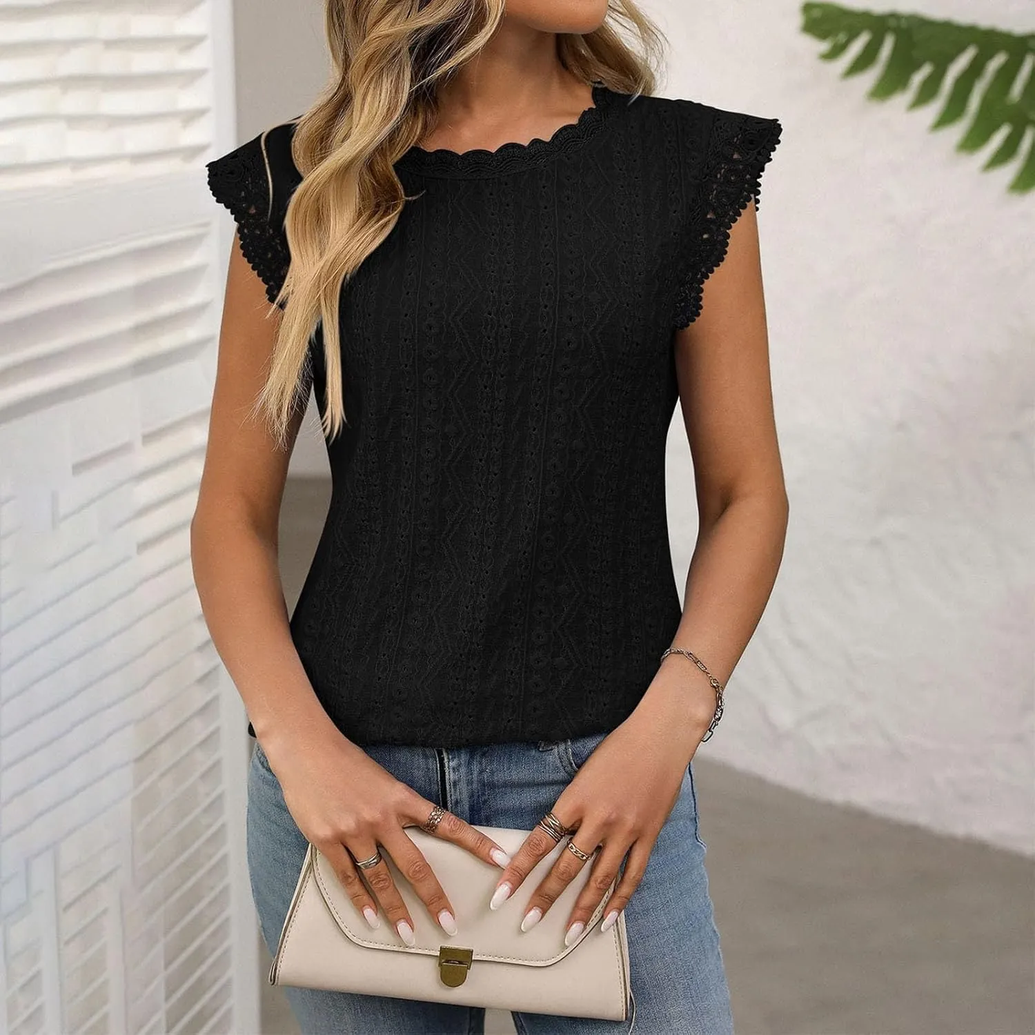 Womens Tops Casual Fashion Crew Neck Solid Color Lace Sleeveless Camisole Summer Vacation Beach 2025 Dressy Tank Top