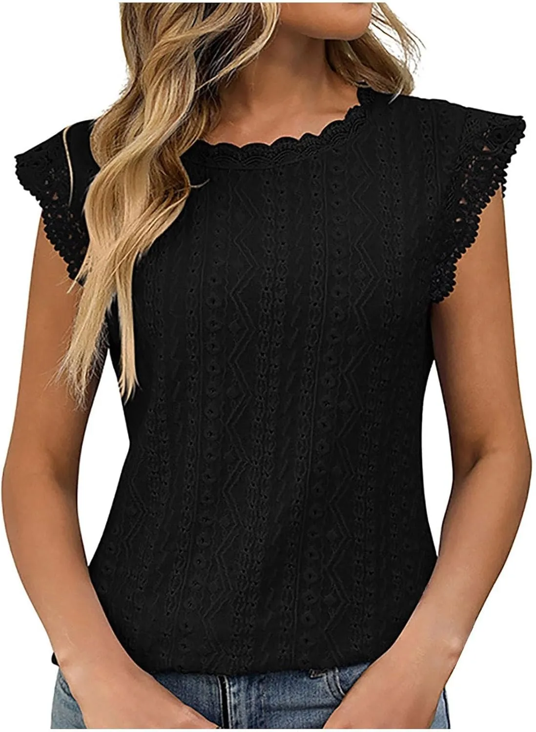 Womens Tops Casual Fashion Crew Neck Solid Color Lace Sleeveless Camisole Summer Vacation Beach 2025 Dressy Tank Top