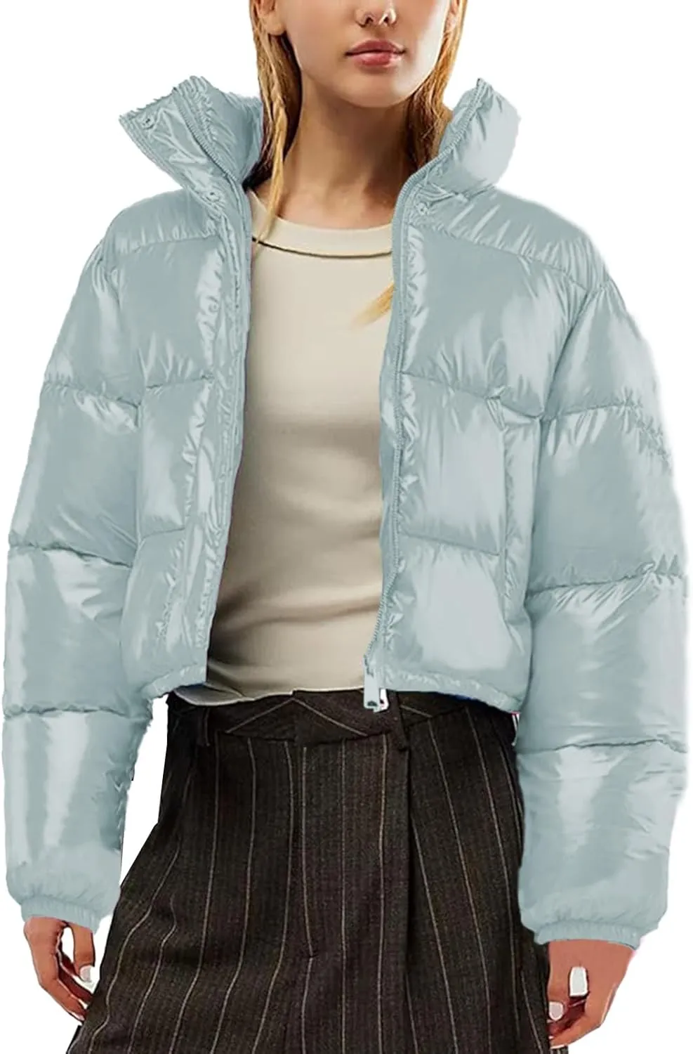 Women's Winter Warm Stand Collar Jackets Slim Fit Cropped Puffer Down Coats Casual Stylish Winter Outerwear