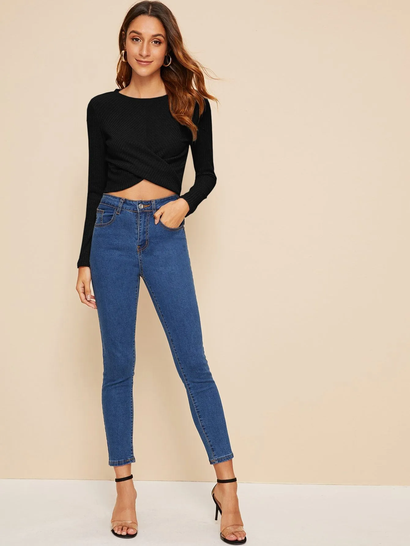 Wrap Cross Rib-knit Crop Tee