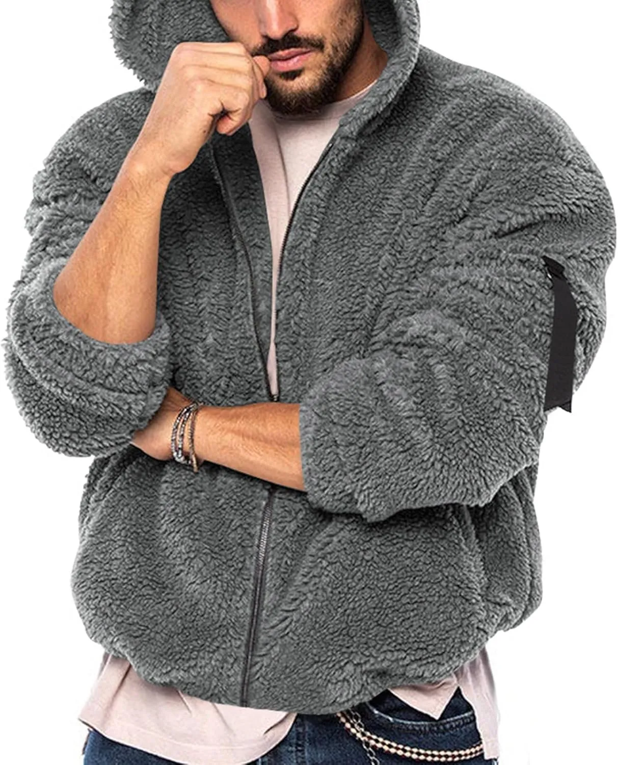 Zeiyignr Men's Sherpa Hoodie Jacket Fleece Lined Zip Up Warm Hoodies Sweatshirt Winter Fluffy Fuzzy Sweater Warm Hooded Coat