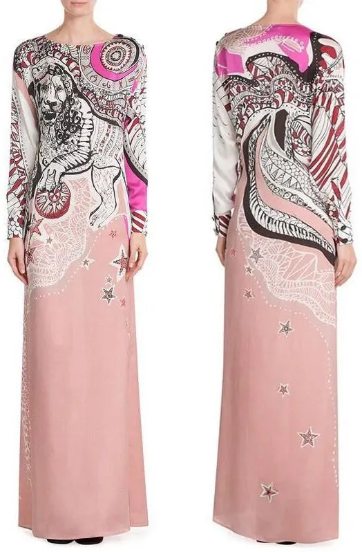 'Zodiac' Printed Long Jersey Silk Gown in Pink